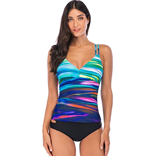 YNIQUE Tankini Damen Bauchweg Badeanzug Zweiteiler mit Muster Bademode Set V Ausschnitt Doppelte Träger Low Waist Wettkampf Sport Farbverlauf Badeanzug von YNIQUE