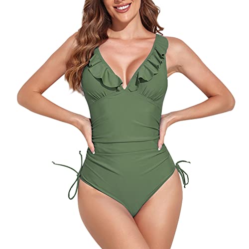 YNQFZ Damen Badeanzug Sexy Bikini Bauchkontrolle Rüschen V Ausschnitt Monokinis Schlankheits Sport Einteiliger Swimsuit Set (as3, Alpha, m, Regular, Regular, Grün) von YNQFZ