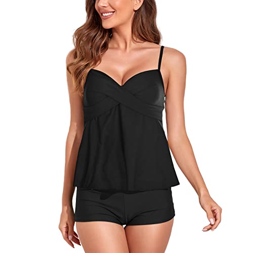 YNQFZ Damen Bauchweg Badeanzug Bedruckt Tankini Set Zweiteiliger Badeanzug Push up Sexy Swimsuit Beachwear Mit Bikini (as3, Alpha, m, Regular, Regular, Schwarz) von YNQFZ