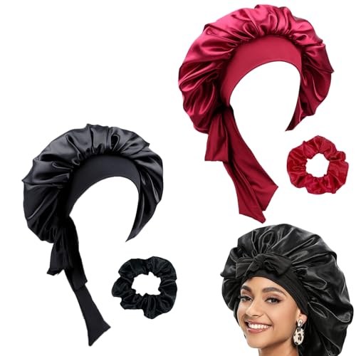 2 Stücke Satin Haarhaube, Seidenhaube zum Schlafen für Damen, Verstellbare Silk Bonnet mit Elastischem Band für Damen, Silk Bonnet mit 2 Haargummis (Schwarz und Rot) von YNR