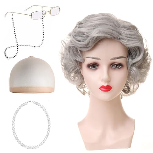 5 Stücke Oma Perücke Kostüm, Oma Kostüm Alte Frau, Alte Dame Perücke Kostüm Set, Kurz Gelockt Alte Frauen, Oma Großmutter Perücke Kostüm Set für Cosplay Karneval Halloween von YNR