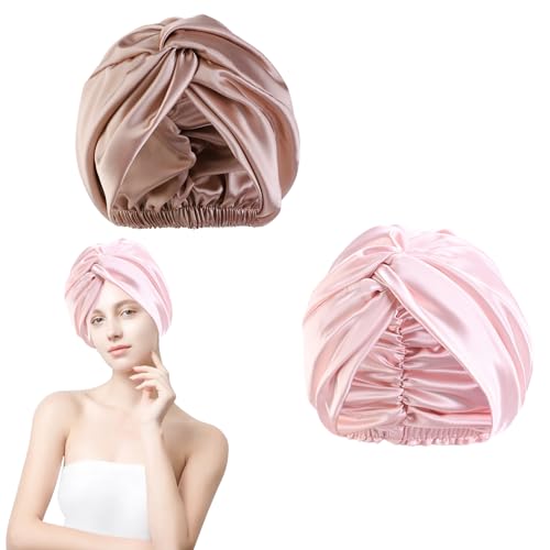 Satin Haarhaube Bonnet für Die Nacht Weiche Seidenhaube Zum Schlafen Satin Schlafmütze Atmungsaktive Schlafmütze Satin Haarhaube Haarschutz Schlafhaube Seide für Frauen und Mädchen 2 Stück von YNR