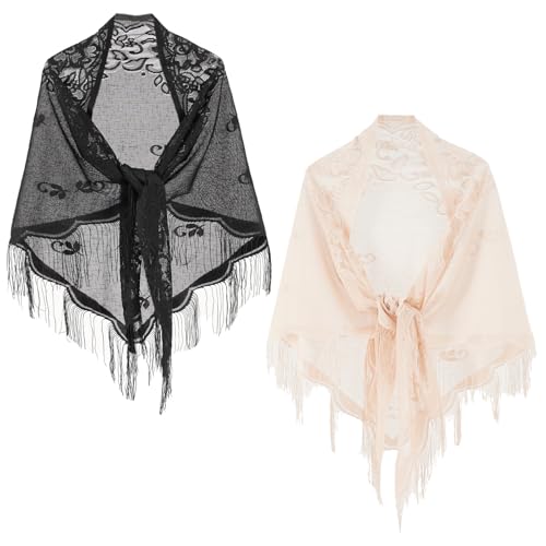 Schultertuch Damen Sommer Dreieck Spitze Stola Quasten Mesh Schals Stola Damen Spitzenschal Mit Fransen Damen Floral Spitze Schal Stola Damen Spitze Stola Schal Dreieck Floral Schals und Stola 2Stücke von YNR