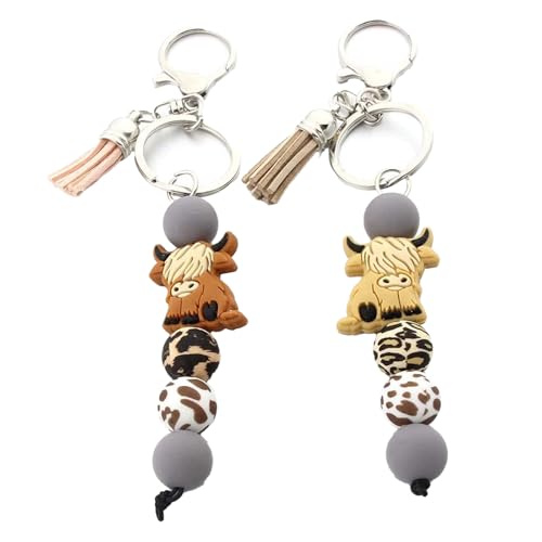 YNR Highland Cow Silikon Perlen Schlüsselanhänger mit Quaste 2 Stück Set Tier Design Schlüsselanhänger Geschenk von YNR