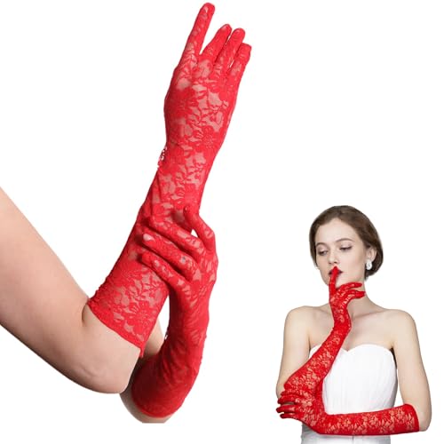 YNR Lange Spitzenhandschuhe, Blumenspitze Elastisch Handschuhe, Lang Hochzeit Braut Blumenhandschuhe, Ellenbogenlänge Florale Spitzen Handschuhe für 1980er Jahre Party Teeparty Kleidungszubehör (Rot) von YNR