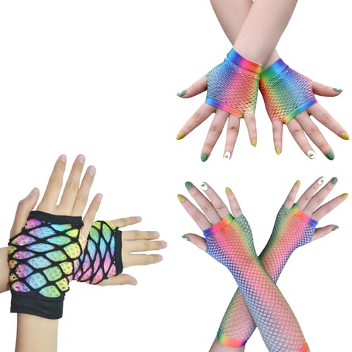 YNR Netzhandschuhe Regenbogenfarben Damen Fingerlose Regenbogen Fingerlose Fischnetz Handschuhe Neon Fingerlose Netzhandschuhe 80er-Jahre Retro Party Disco Maskerade Kostüm Zubehör 3 Paare von YNR