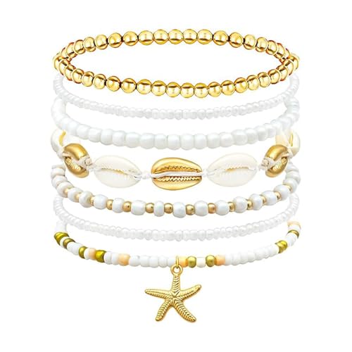YNR Strandarmband Set, 7-teilig, Perlenarmband Stretch, Weiß und Gold, Seestern und Muschel Design von YNR