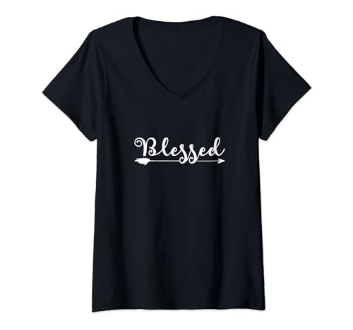 Damen Blessed Grafik Inspiration Dankbarkeit Christ T-Shirt mit V-Ausschnitt von YO! Diese Klamotten