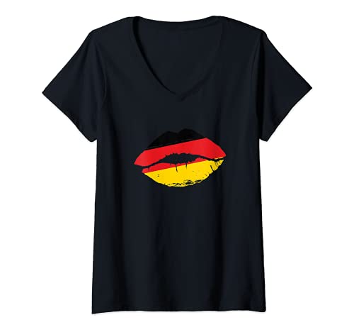 Damen Deutsche Flagge Kuss-Mund Lippen Fahne Deutschland Geschenk T-Shirt mit V-Ausschnitt von YO! Diese Klamotten