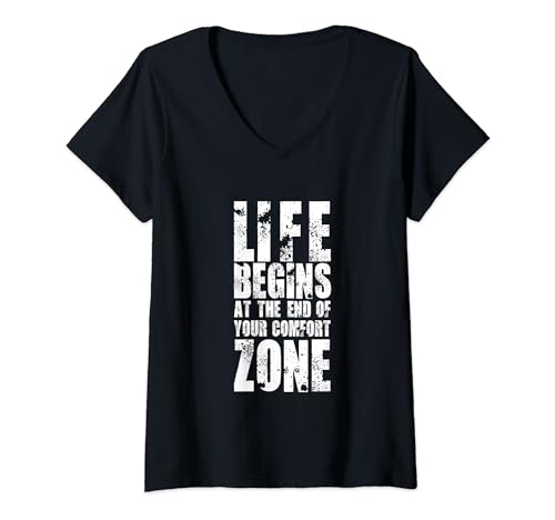 Damen Life Begins at the End of your Comfort Zone T-Shirt mit V-Ausschnitt von YO! Diese Klamotten