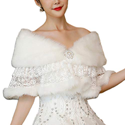 YO-HAPPY Hochzeitstuch, Frauen Retro Plüsch Schal Wrap Hochzeitskleid Schal Stolen Tiered Floral Lace Patchwork Braut Bolero Winter Warm Prom Party Cover von YO-HAPPY
