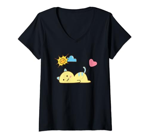 Damen Kawaii Katze Herz Sonne Cat Japan Anime Fan Kawaii T-Shirt mit V-Ausschnitt von YO! Diese Klamotten