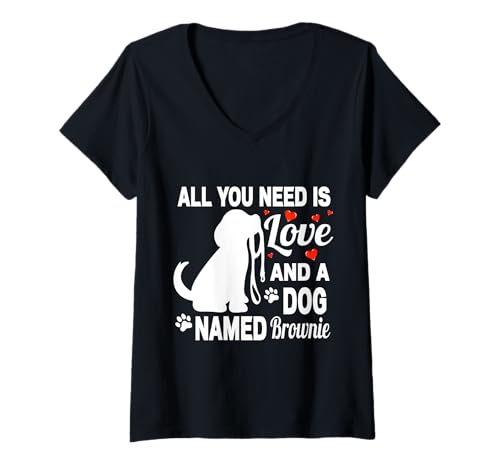 Damen Personalisierter Hunde-Name Brownie süßer Hund Haustier Liebhaber T-Shirt mit V-Ausschnitt von YO MINUS