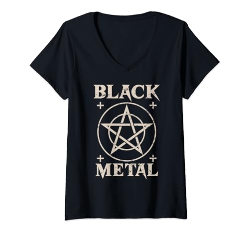 Damen Schwarzer Metall-Musikfächer, Pentagramm-Symbol. T-Shirt mit V-Ausschnitt von YO MINUS