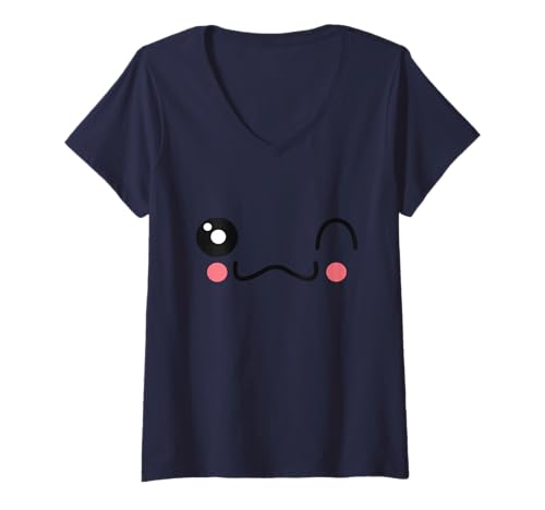 Damen Gesicht Funny Cheek Red Wink Shy Kawai T-Shirt mit V-Ausschnitt von YO!