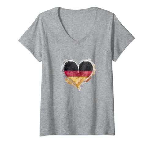 Damen Leuchtendes Herz, deutsche Flagge, Farben, Deutschland-Fan T-Shirt mit V-Ausschnitt von YO!