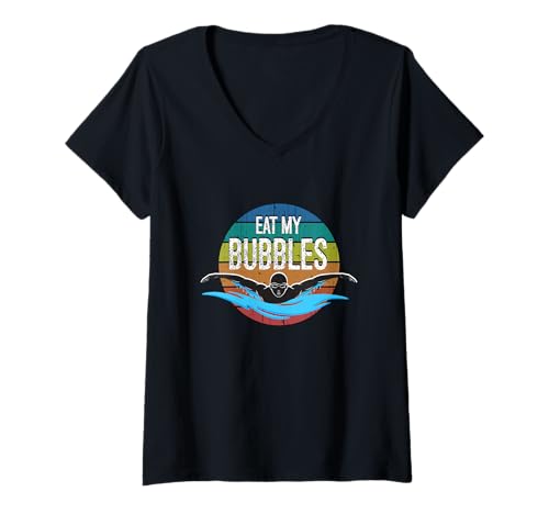 Damen Retro Schwimmer Eat My Bubbles Aquatic Humorous Lane T-Shirt mit V-Ausschnitt von YO!