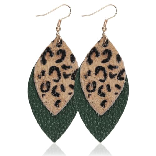 YOCDNOV Leo Print Ohrringe - Leopardenmuster Boho Vintage Handgefertigte Leder-Ohrringe, Doppellagiger Vintage-Frauenschmuck in Form von Modeblättern von YOCDNOV