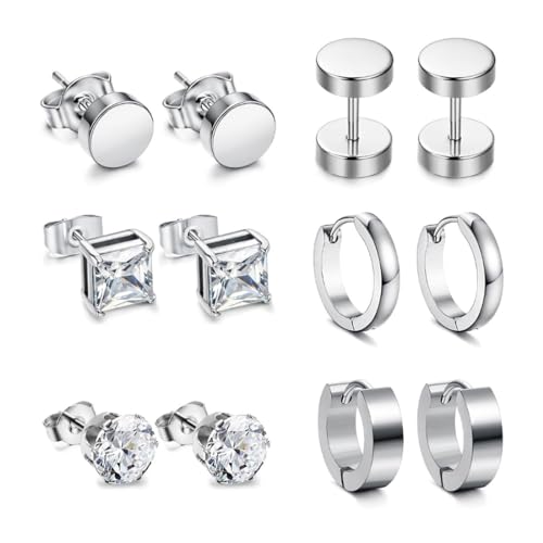 YOCDNOV 6 Paar Ohrringe Set - Stahlfarbe, Schwarz, Zirkonia, Creolen, Fake-Plug, Ohrstecker, Punk, Unisex, Hypoallergen, Edelstahl, Poliert, Zurückschnappen, Französischer Clip, 12 Count von YOCDNOV