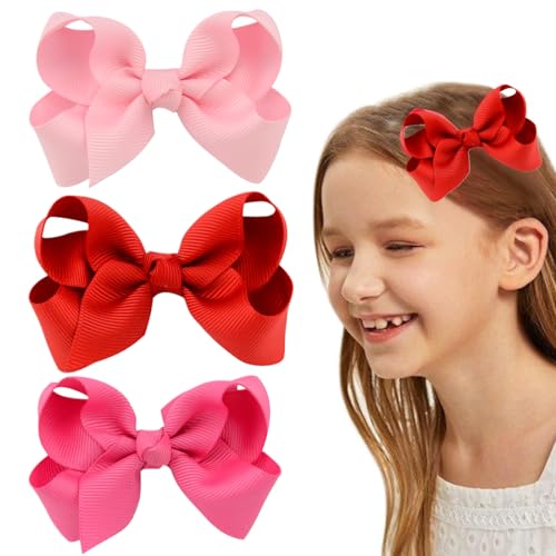 YOCDNOV 6 Stück Schleifen Haarspangen - Pferdeschwanz-Clips 3 Zoll, Entenschnabel-Haarschleife für Teenager Mädchen Haarschmuck (Hellrosa+rot+rosa) von YOCDNOV