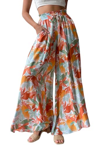 YOCUR Damenhose, Sommer, Strand, Urlaub, hohe Taille, weites Bein, bedruckt, locker, fließend, lässig, Palazzo Lounge-Hose, A01-orangefarbener Druck, XX-Large YOCUR Damenhose, Sommer, Strand, Urlaub, hohe Taille, weites Bein, bedruckt, locker, fließend, lässig, Palazzo Lounge-Hose, A01-orangefarbener Druck, XX-Large von YOCUR