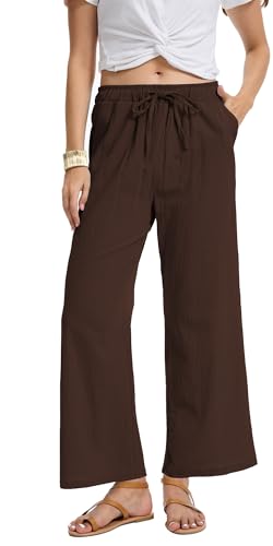 YOCUR Lässige Damenhose mit Kordelzug, gerades Bein, Baumwolle, Leinen, Strand, hohe Taille, fließende Lounge, leichte Hose, Dunkelbraun, Groß YOCUR Lässige Damenhose mit Kordelzug, gerades Bein, Baumwolle, Leinen, Strand, hohe Taille, fließende Lounge, leichte Hose, Dunkelbraun, Groß von YOCUR