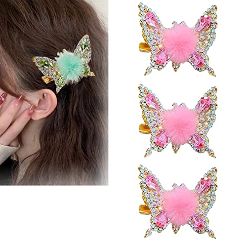 3 Pcs Flying Butterfly Hairpin, 2023 New 3D Flying Butterfly Hairpins Faux Fur Hair Clips, Cute Butterfly Hair Clips, Sweet Butterfly Clip Hair Accessories for Women Girls (Pink) von YODAOLI