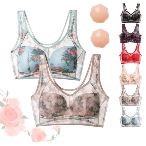 Elle Bloom Ice Silk Lace Cooling Comfort Bra,ElleBloom Lace Buttonless Comfortable Bra (Blue+Coffee,4L(143-165lb)) von YODAOLI