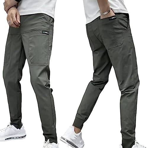 YODAOLI Men's High Stretch Multi-Pocket Skinny Cargo Pants Elastic Casual Jogger Active Pants (34,Grey) von YODAOLI