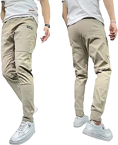 YODAOLI Men's High Stretch Multi-Pocket Skinny Cargo Pants Elastic Casual Jogger Active Pants (36,Khaki) von YODAOLI