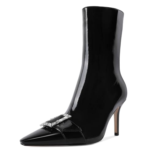 YODEKS Stiefeletten für Damen, kurze Stiefel, spitzer Zehenbereich, 8,9 cm, hoher Absatz, Strass-Schnalle, Stiefel, Schwarz A, 39.5 EU YODEKS Stiefeletten für Damen, kurze Stiefel, spitzer Zehenbereich, 8,9 cm, hoher Absatz, Strass-Schnalle, Stiefel, Schwarz A, 39.5 EU von YODEKS