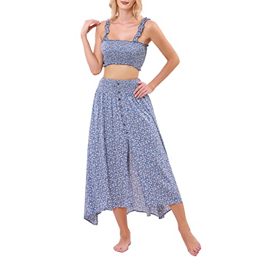 YODNBUK 2 Stück Bikini Cover Up Blumendruck Strandkleid Damen Crop Top + Rock Elegant, Blau 40 von YODNBUK