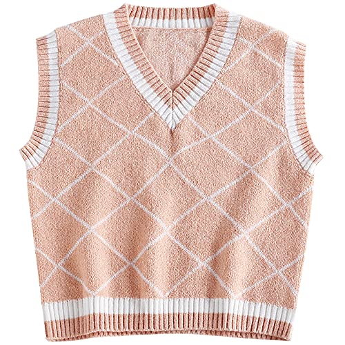 YODNBUK Damen Argyle Plaid Pullover Lange Ärmel Crop Pullover Ärmellos Weste Pullunder von YODNBUK