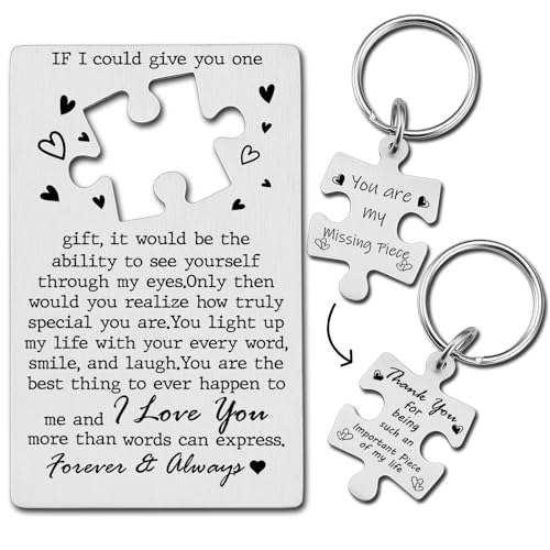 Valentines Husband Wallet Card Gifts from Wife Funny Anniversary Love Note Metal Wallet Insert Card Set with Puzzle Piece Keychain for Him Her Boyfriend Long Distance Sentimental Wedding Idea PTK06 von YODOCAMP