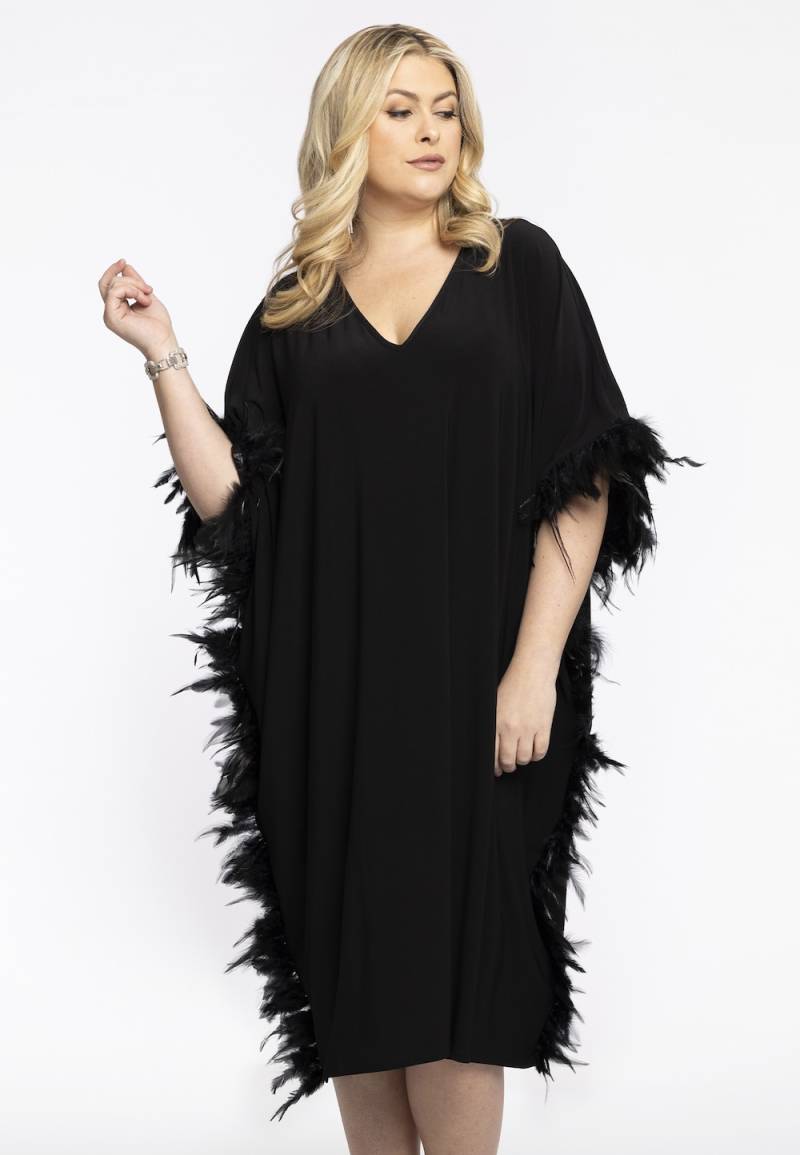Große Größen Kaftan mit Federn, Damen, schwarz, Größe: 42/44, Polyester, Happy Size DE Women von YOEK