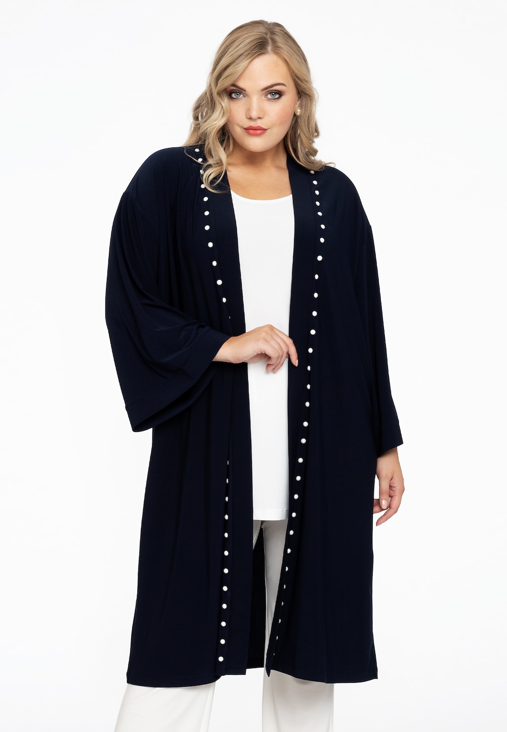 Große Größen Kimono mit Perlen-Deko, Damen, blau, Größe: 42/44, Polyester, Happy Size DE Women von YOEK