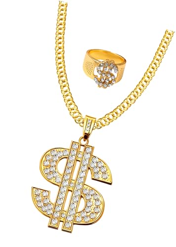 YOFAN 2 Stück Dollar Zeichen Halskette Ring Set Hip Hop Dollar Halskette Strass Gold Kette Halskette für Männer Frauen von YOFAN