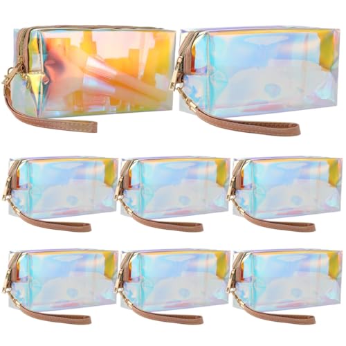8 Pcs Holographic Makeup Bags, Iridescent Clear Bag, Portable Travel Cosmetic Bags with Zipper and Wrist Loop, Waterproof Toiletry Bag, Makeup Organizer Pouch for Women von YOFAPA