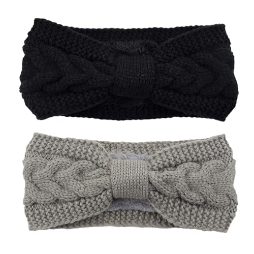 YOFASEN 2 Stück Stirnband Damen Winter - Gefüttert Fleece Haarbänder Elastische Haarreife Ohr Wärmer Haarband Häkelarbeit Haarschmuck Gestrickte Haarreifen für Frauen Mädchen(Schwarz+Hellgrau) von YOFASEN