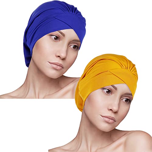 YOFASEN Damen Turban Hut - Muslimisch Hijab Kopfbedeckung Stirn Kreuz und Quer Hut Beanie Bandanas Chemotherapie Haarausfall Hut, Blau+Gelb/2pcs von YOFASEN