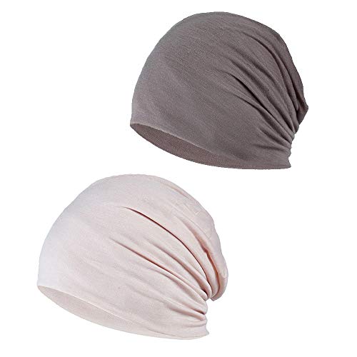 YOFASEN Slouchy Beanie Mütze - Chemo Cancer Kopfbedeckung aus Baumwolle Schlafmütze Turban Kopfbedeckung Strecken Muslimisches Kopftuch für Frauen Männer(2er Pack), Khaki + Beige, One Size von YOFASEN