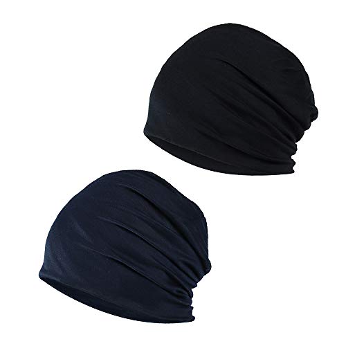 YOFASEN Slouchy Beanie Mütze - Chemo Cancer Kopfbedeckung aus Baumwolle Schlafmütze Turban Kopfbedeckung Strecken Muslimisches Kopftuch für Frauen Männer(2er Pack), Schwarz + Marineblau, One Size von YOFASEN