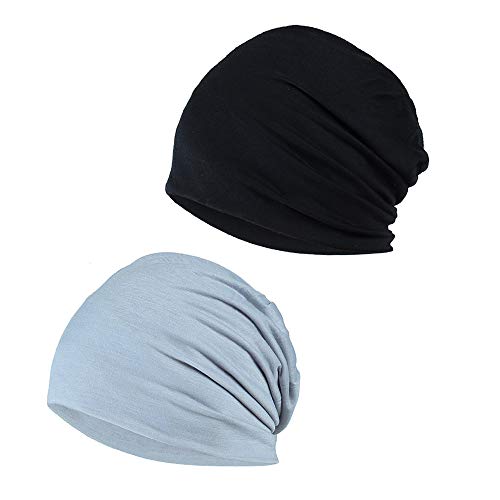 YOFASEN Slouchy Beanie Mütze - Chemo Cancer Kopfbedeckung aus Baumwolle Schlafmütze Turban Kopfbedeckung Strecken Muslimisches Kopftuch für Frauen Männer(2er Pack), schwarz + hellgrau, One Size von YOFASEN