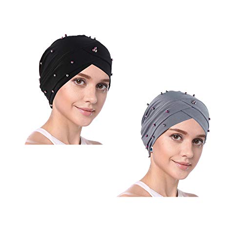 YOFASEN Slouchy Beanie Mütze - Frauen Muslimische Mütze Beanie Turban Kopf Rüschen Perlen Chemo Kappen Einwickeln für Haarausfall(2er Pack), grau + marineblau, One size von YOFASEN