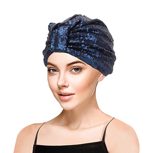 YOFASEN Turban Mütze Für Damen Soft Beanie Schlafmütze，Kristall Pailletten Stirnband, Winddicht Und Warm，Marine von YOFASEN