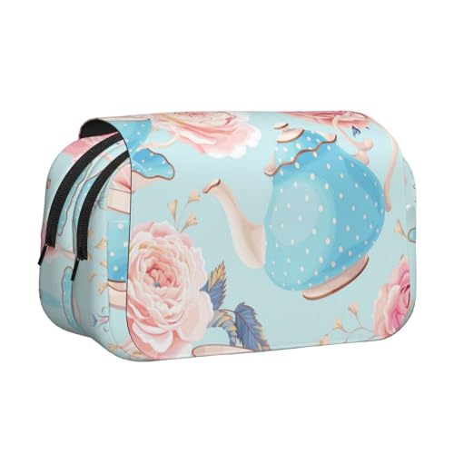 Blumen Rosen Vintage Teekanne Tassen Bleistift Beutel Tragbare Doppel Schicht Schreibwaren Veranstalter von YOFIEN