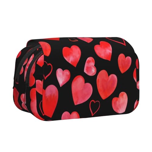 YOFIEN Bleistiftbeutel mit Aquarell-roten Herzen, tragbar, doppellagig, Schreibwaren-Organizer von YOFIEN