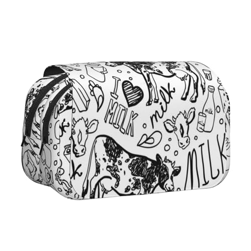 YOFIEN Bleistiftbeutel mit Handzeichnung, Kuh und Milch, tragbar, doppellagig, Schreibwaren-Organizer von YOFIEN