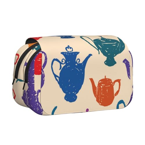 YOFIEN Bleistiftbeutel mit Teekannen-Muster, tragbarer doppelschichtiger Schreibwaren-Organizer von YOFIEN