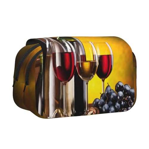 YOFIEN Bleistiftbeutel mit Trauben- und Weinflaschenmotiv und Getränken, tragbar, doppellagig, Schreibwaren-Organizer von YOFIEN